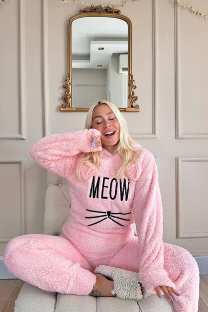 Somon Meow Desenli Tam Peluş Pijama Takımı - 3