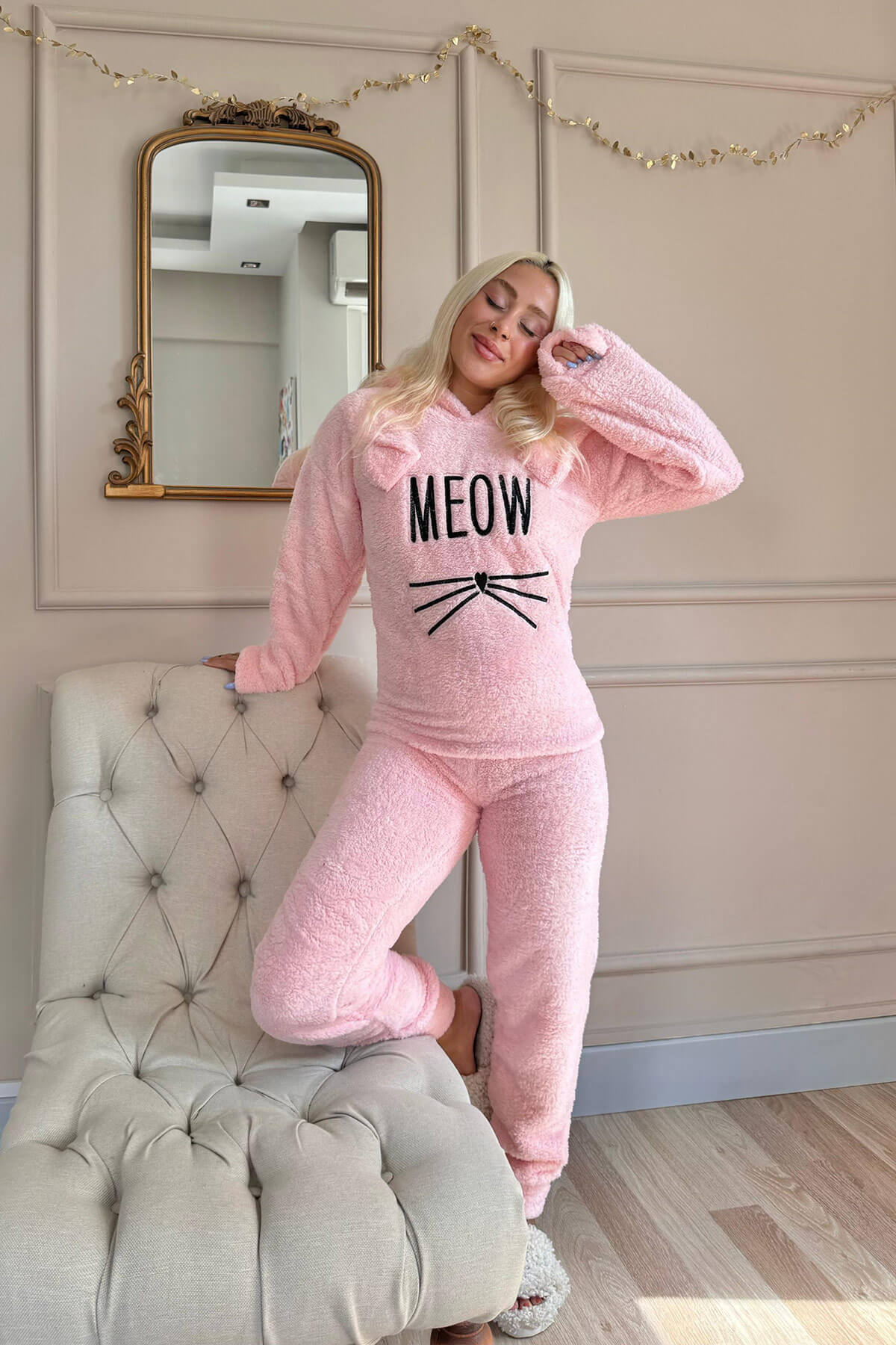 Somon Meow Desenli Tam Peluş Pijama Takımı - 6