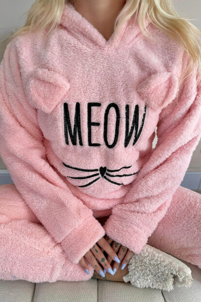 Somon Meow Desenli Tam Peluş Pijama Takımı - 7