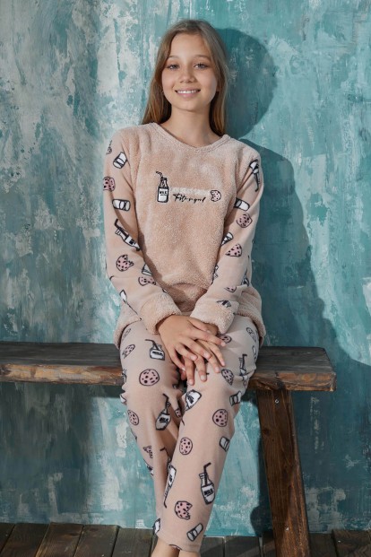 Somon Milk Desenli Kız Çocuk Peluş Pijama Takımı - 1