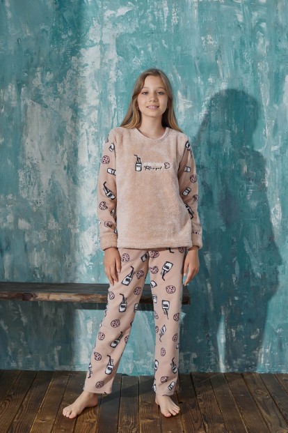 Somon Milk Desenli Kız Çocuk Peluş Pijama Takımı - 5