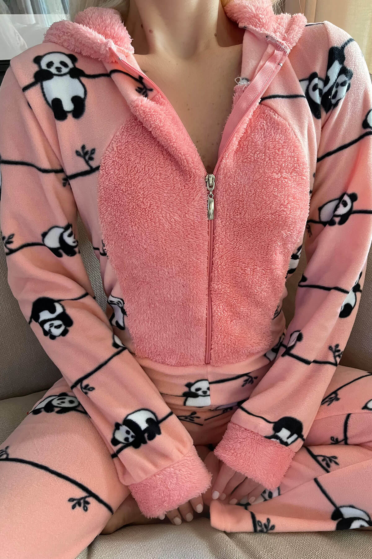 Somon Sleep Panda Desenli Kadın Polar Peluş Tulum Pijama Takımı - 5