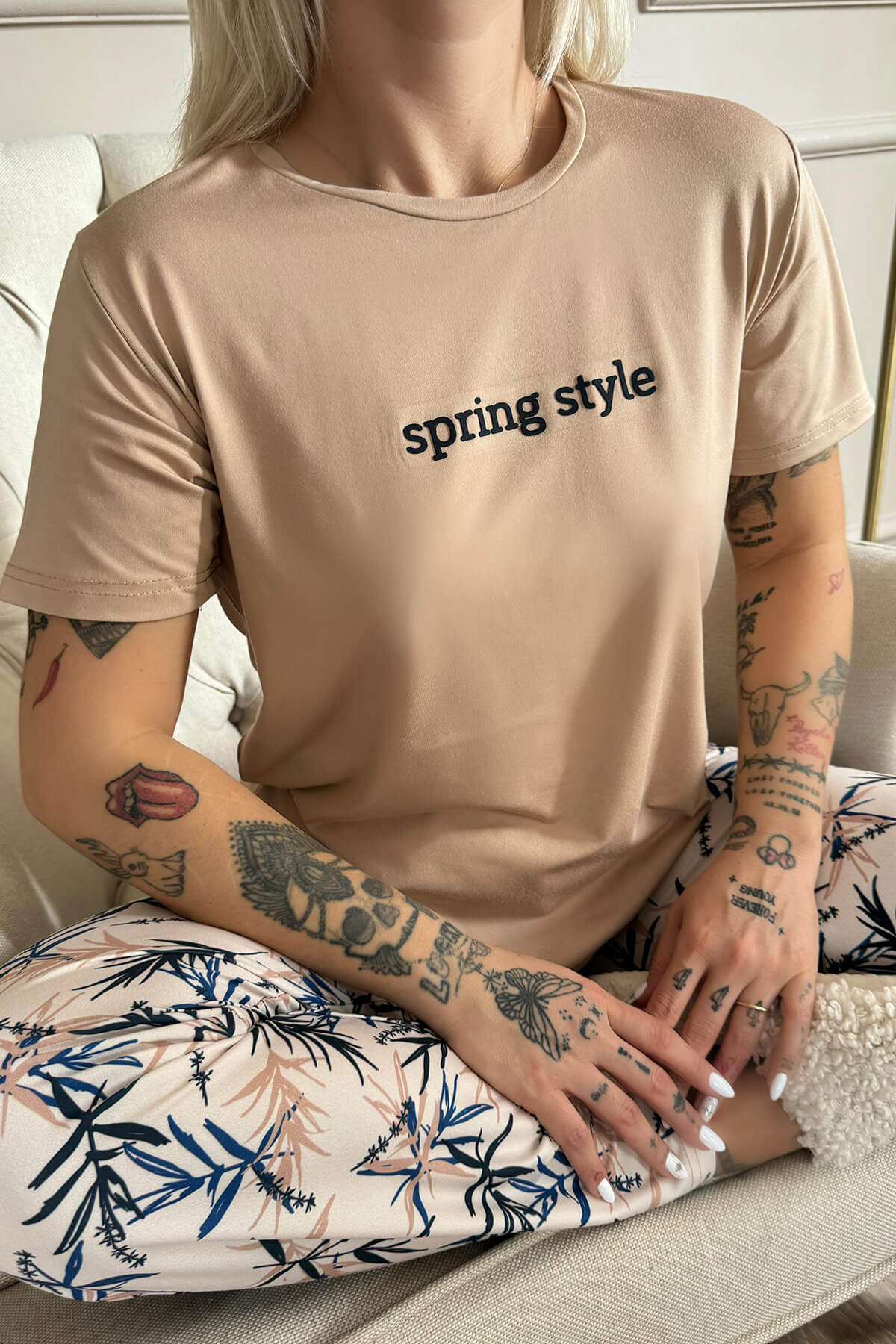 Somon Spring Style Desenli Kısa Kollu Örme Kadın Pijama Takımı - 6