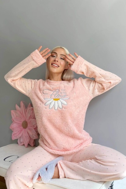 Somon Stay Flow Desenli Kadın Peluş Pijama Takımı - 2