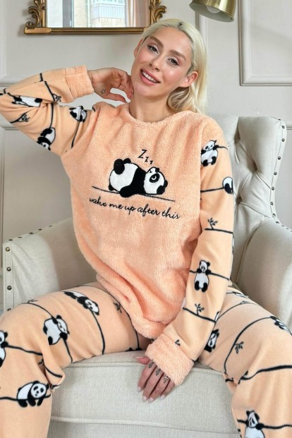 Somon Zzz Wake Desenli Kadın Peluş Pijama Takımı 