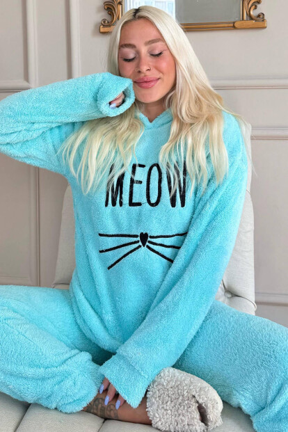 Su Yeşili Meow Desenli Tam Peluş Pijama Takımı - 1