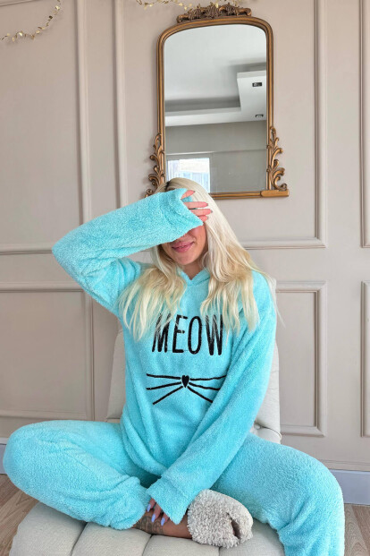 Su Yeşili Meow Desenli Tam Peluş Pijama Takımı - 4