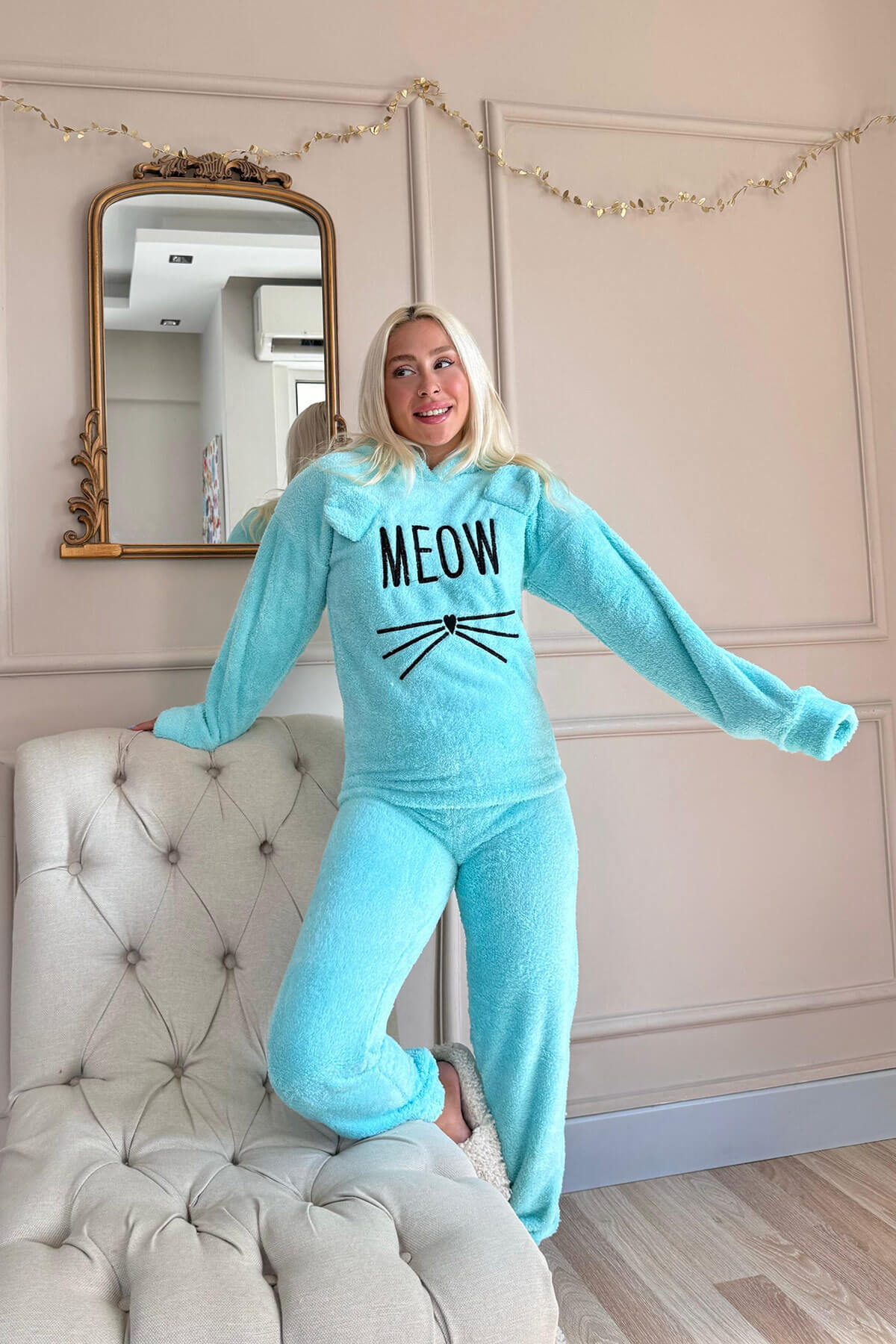 Su Yeşili Meow Desenli Tam Peluş Pijama Takımı - 5