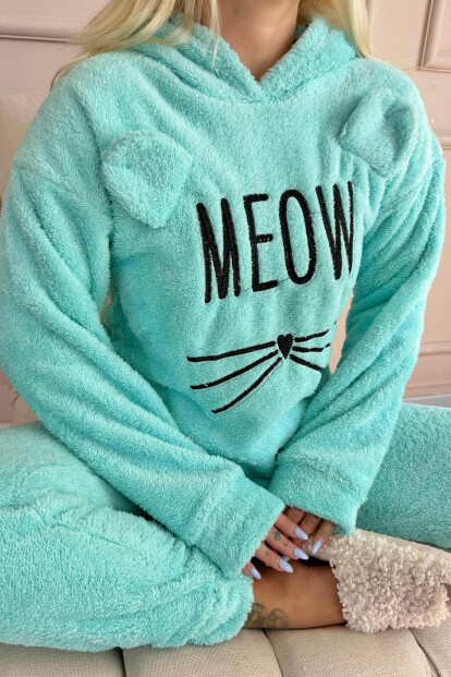 Su Yeşili Meow Desenli Tam Peluş Pijama Takımı - 6