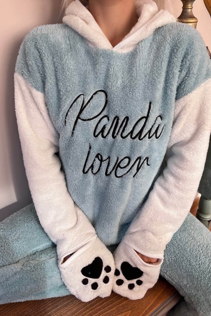 Su Yeşili Panda Lover Desenli Tam Peluş Pijama Takımı - 4