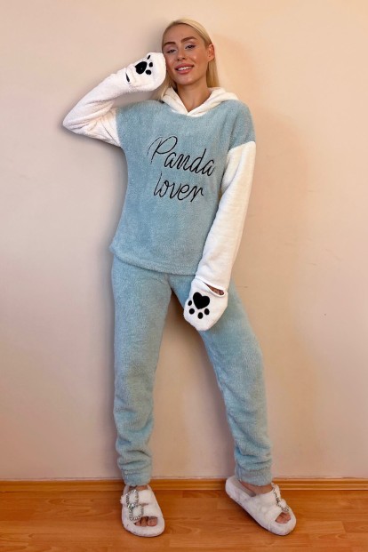 Su Yeşili Panda Lover Desenli Tam Peluş Pijama Takımı - 5