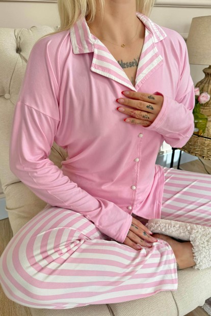 Toz Pembe Çizgi Desenli Bambu Önden Düğmeli Uzun Kol Kadın Pijama Takımı - 5