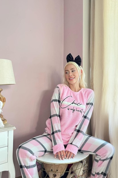 Toz Pembe Deep Chic Desenli Kadın Peluş Pijama Takımı - 2