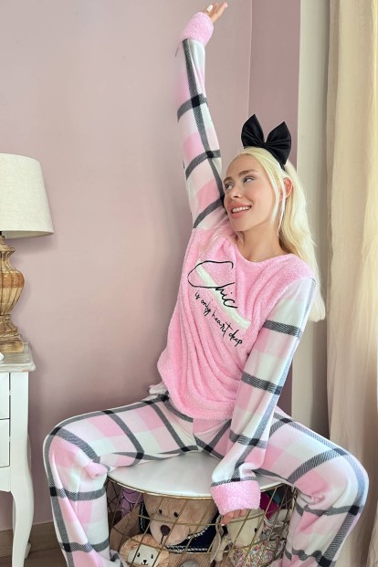 Toz Pembe Deep Chic Desenli Kadın Peluş Pijama Takımı - 3