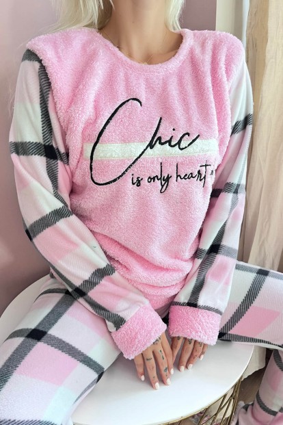 Toz Pembe Deep Chic Desenli Kadın Peluş Pijama Takımı - 5