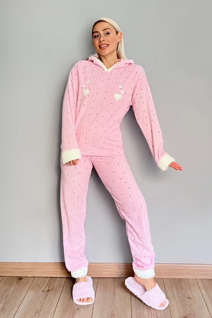 Toz Pembe Heart Magic Desenli Kapşonlu Peluş Polar Pijama - 5