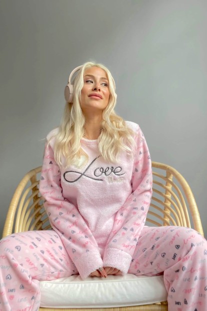 Toz Pembe Love Winter Desenli Kadın Peluş Pijama Takımı - 2