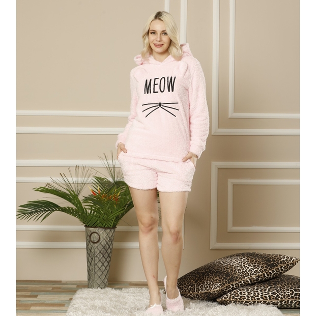 Toz Pembe Meow Desenli Şortlu Tam Peluş Pijama Takımı - 3