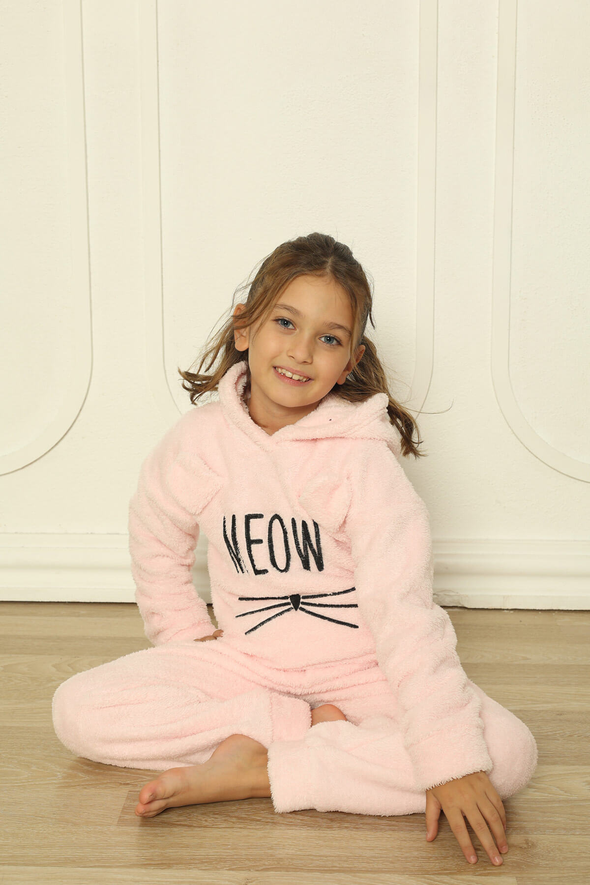 Toz Pembe Meow Desenli Tam Peluş Kız Çocuk Pijama Takımı - 2