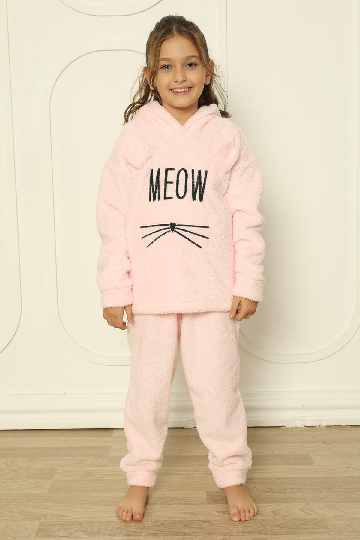 Toz Pembe Meow Desenli Tam Peluş Kız Çocuk Pijama Takımı - 3