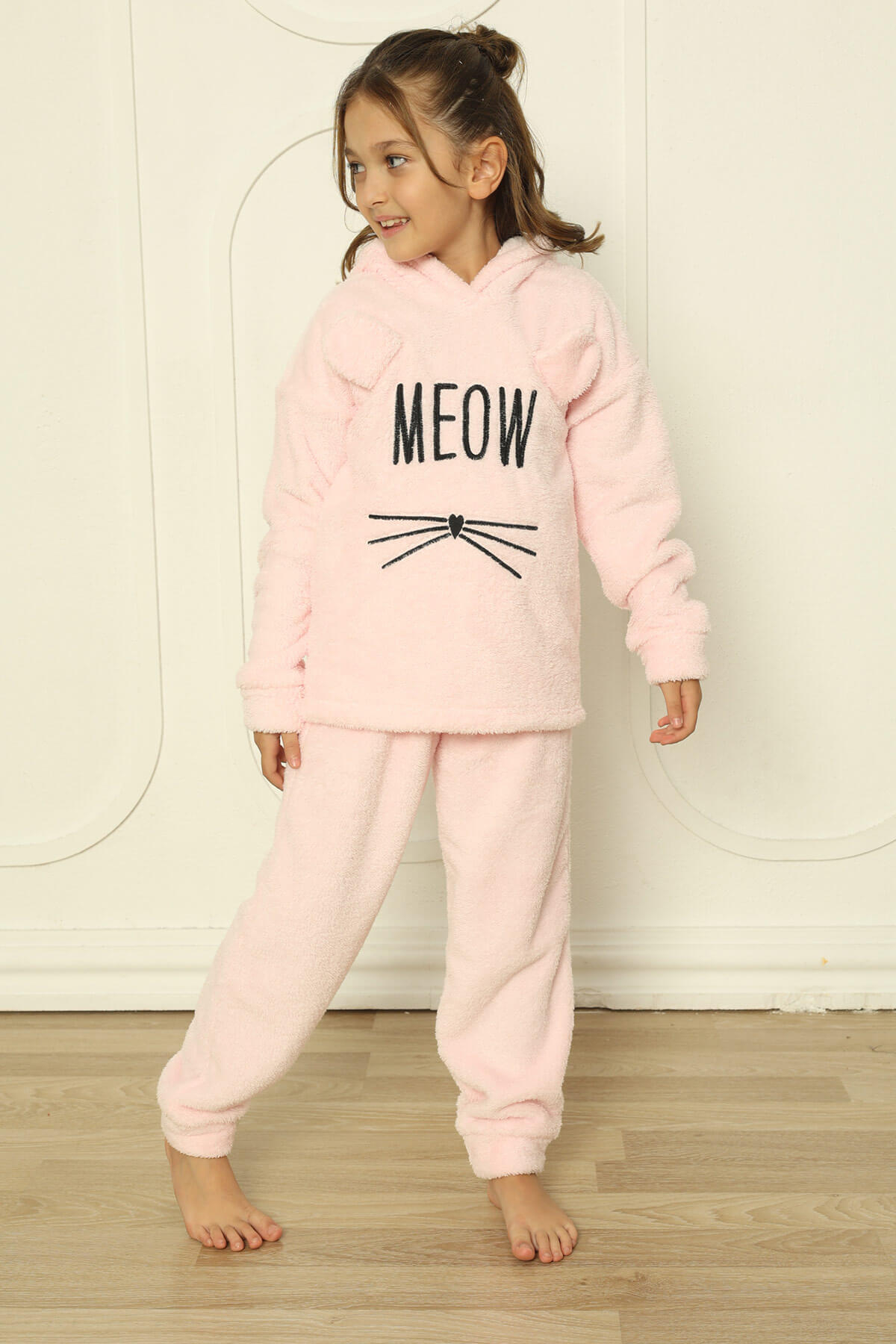 Toz Pembe Meow Desenli Tam Peluş Kız Çocuk Pijama Takımı - 4