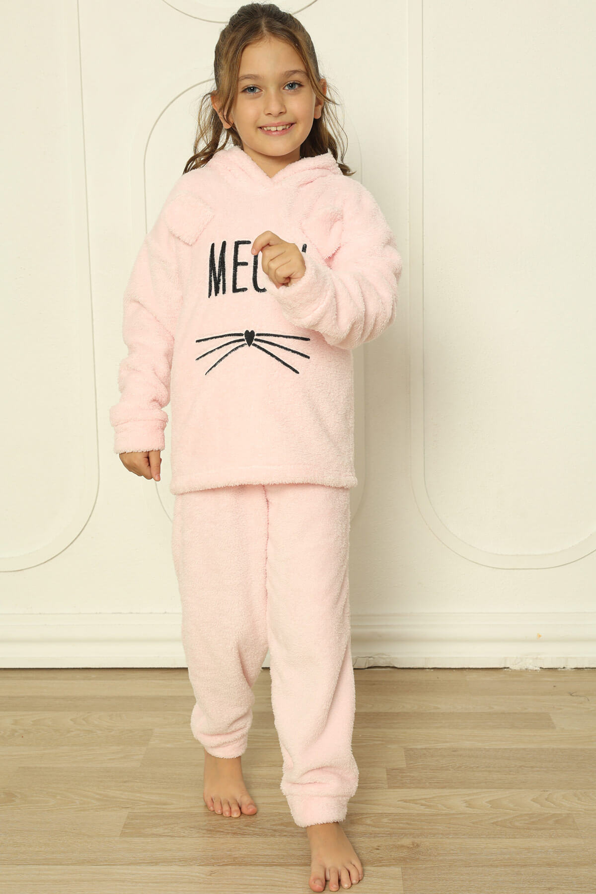 Toz Pembe Meow Desenli Tam Peluş Kız Çocuk Pijama Takımı - 5