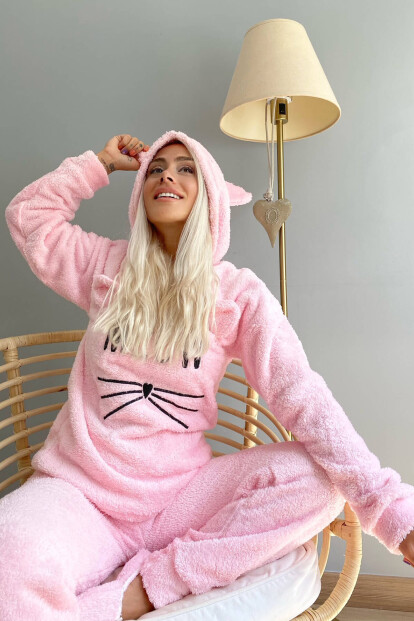 Toz Pembe Meow Desenli Tam Peluş Pijama Takımı - 3