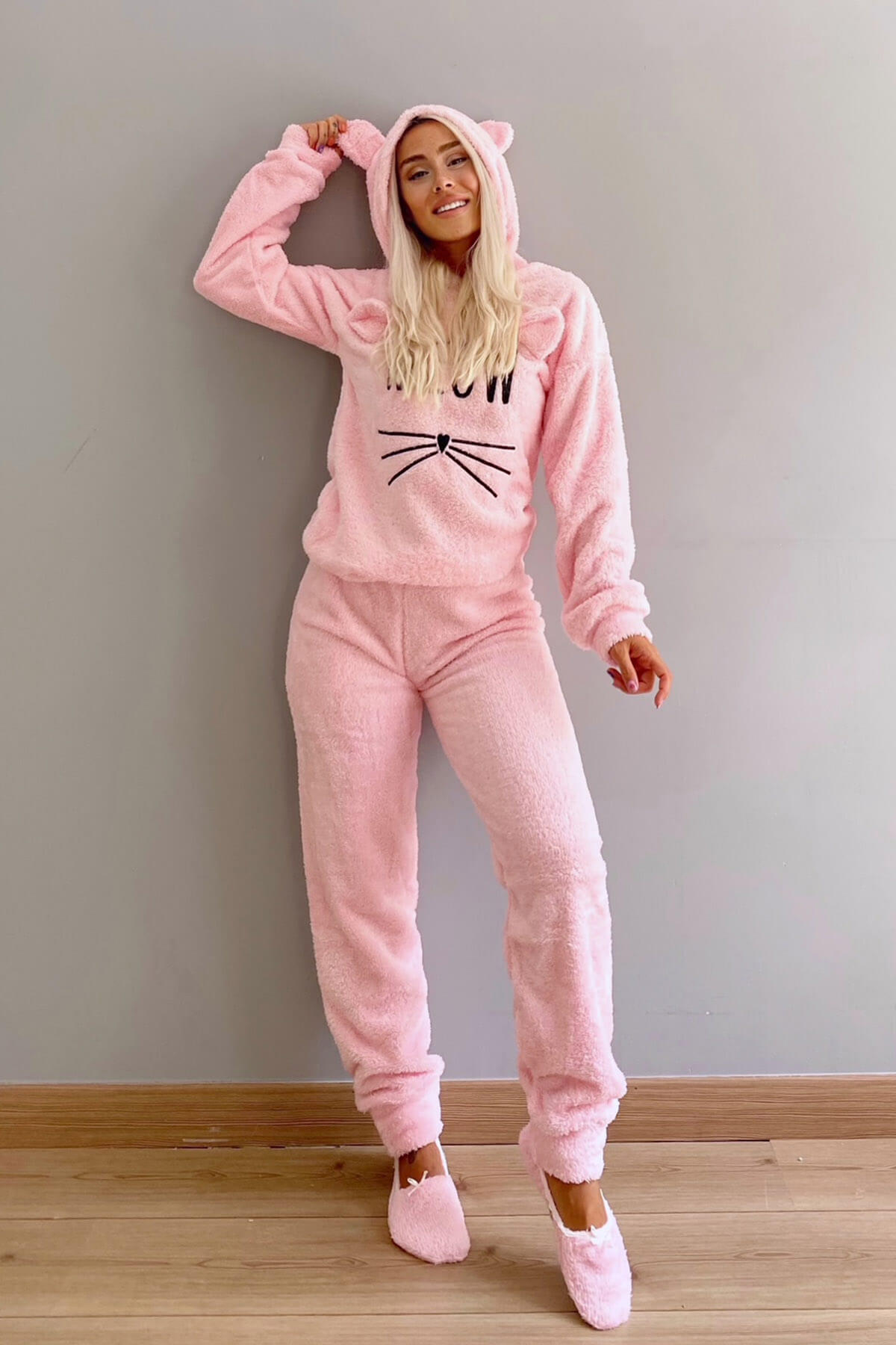 Toz Pembe Meow Desenli Tam Peluş Pijama Takımı - 5