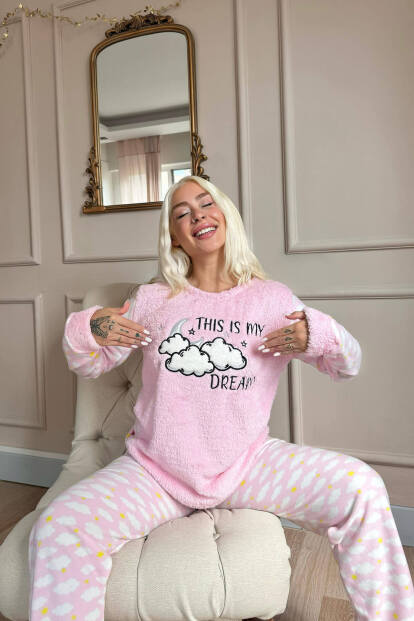 Toz Pembe Moon Cloud Desenli Kadın Peluş Pijama Takımı - 2