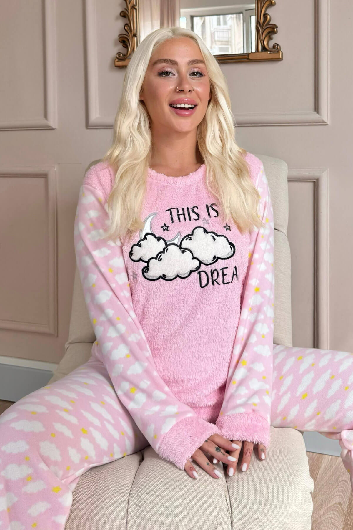 Toz Pembe Moon Cloud Desenli Kadın Peluş Pijama Takımı - 3