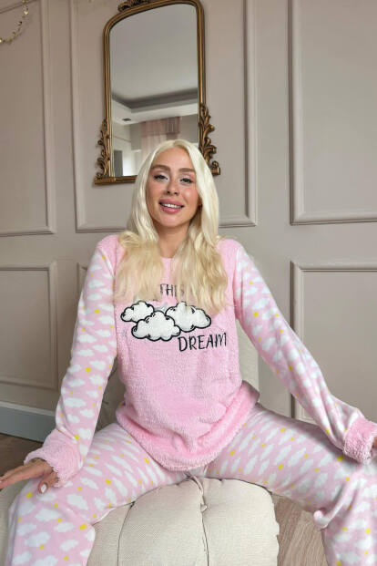 Toz Pembe Moon Cloud Desenli Kadın Peluş Pijama Takımı - 4