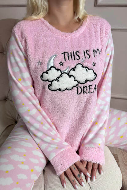 Toz Pembe Moon Cloud Desenli Kadın Peluş Pijama Takımı - 6