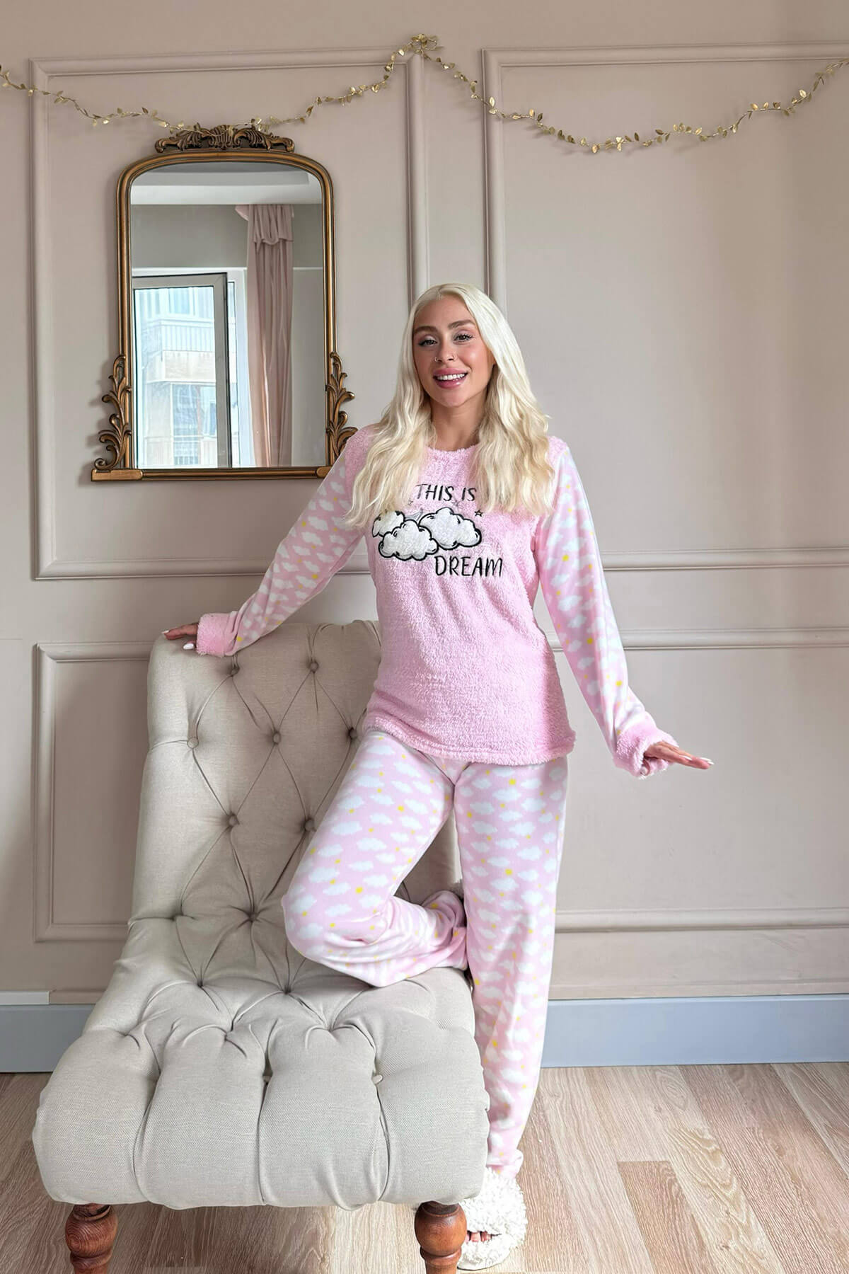 Toz Pembe Moon Cloud Desenli Kadın Peluş Pijama Takımı - 7