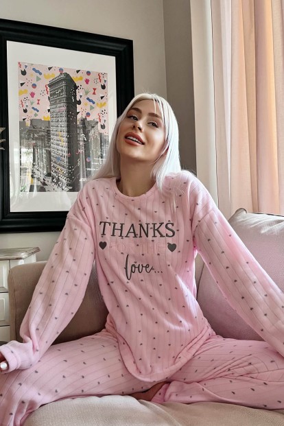 Toz Pembe Thanks Desenli Peluş Polar Pijama Takımı - 3