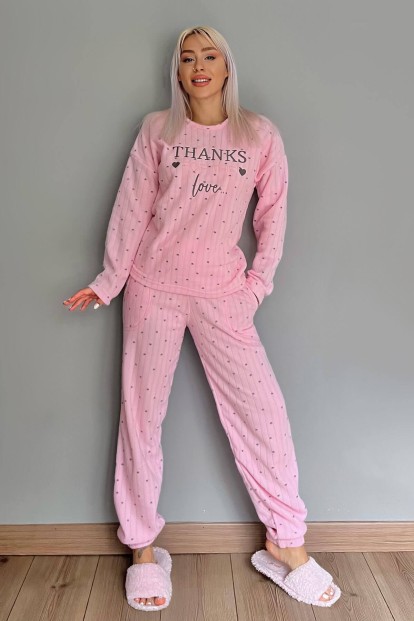 Toz Pembe Thanks Desenli Peluş Polar Pijama Takımı - 5