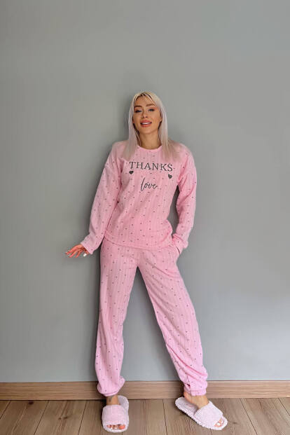 Toz Pembe Thanks Desenli Peluş Polar Pijama Takımı - 5