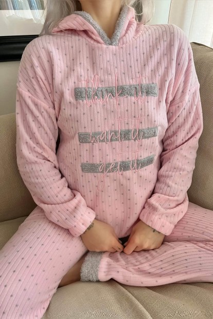 Toz Pembe Three Line Desenli Kapşonlu Peluş Polar Pijama Takımı - 4