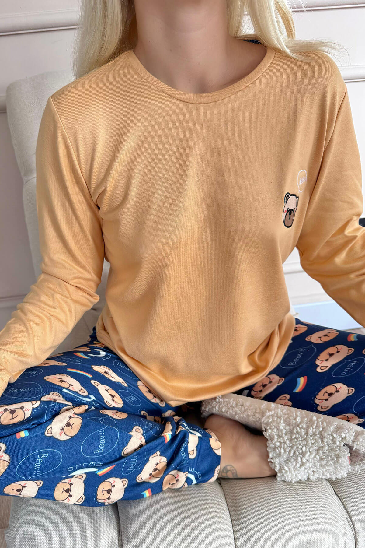 Turuncu Bear Desenli Termal Kadın Pijama Takımı - 4