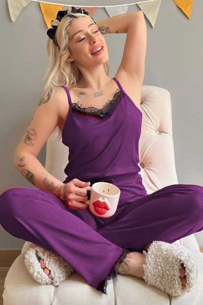 Viola Dantelli İp Askılı Örme Kadın Pijama Takımı 