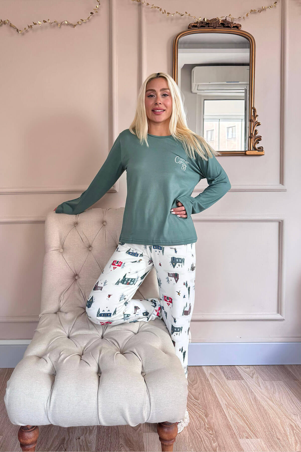 Yeşil Cozy Desenli Termal Kadın Pijama Takımı - 7