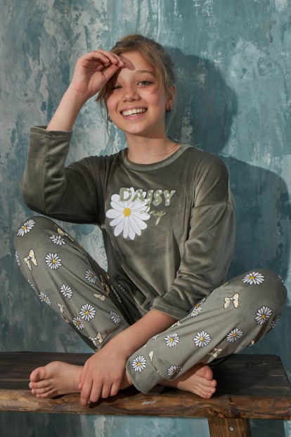 Yeşil Daisy Desenli Exclusive Kadife Kız Çocuk Pijama Takımı  - 1