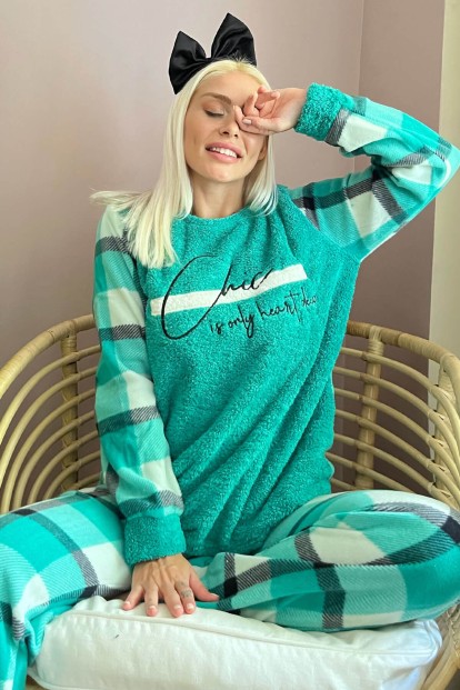 Yeşil Deep Chic Desenli Kadın Peluş Pijama Takımı 