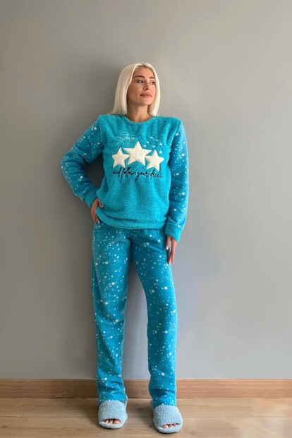 Turkuaz Feel Stars Queen Desenli Kadın Peluş Pijama Takımı - 4