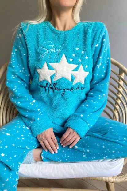 Turkuaz Feel Stars Queen Desenli Kadın Peluş Pijama Takımı - 5