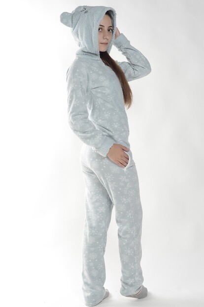 Yeşil Kartanesi Desenli Kadın Polar Peluş Tulum Pijama Takımı - 3