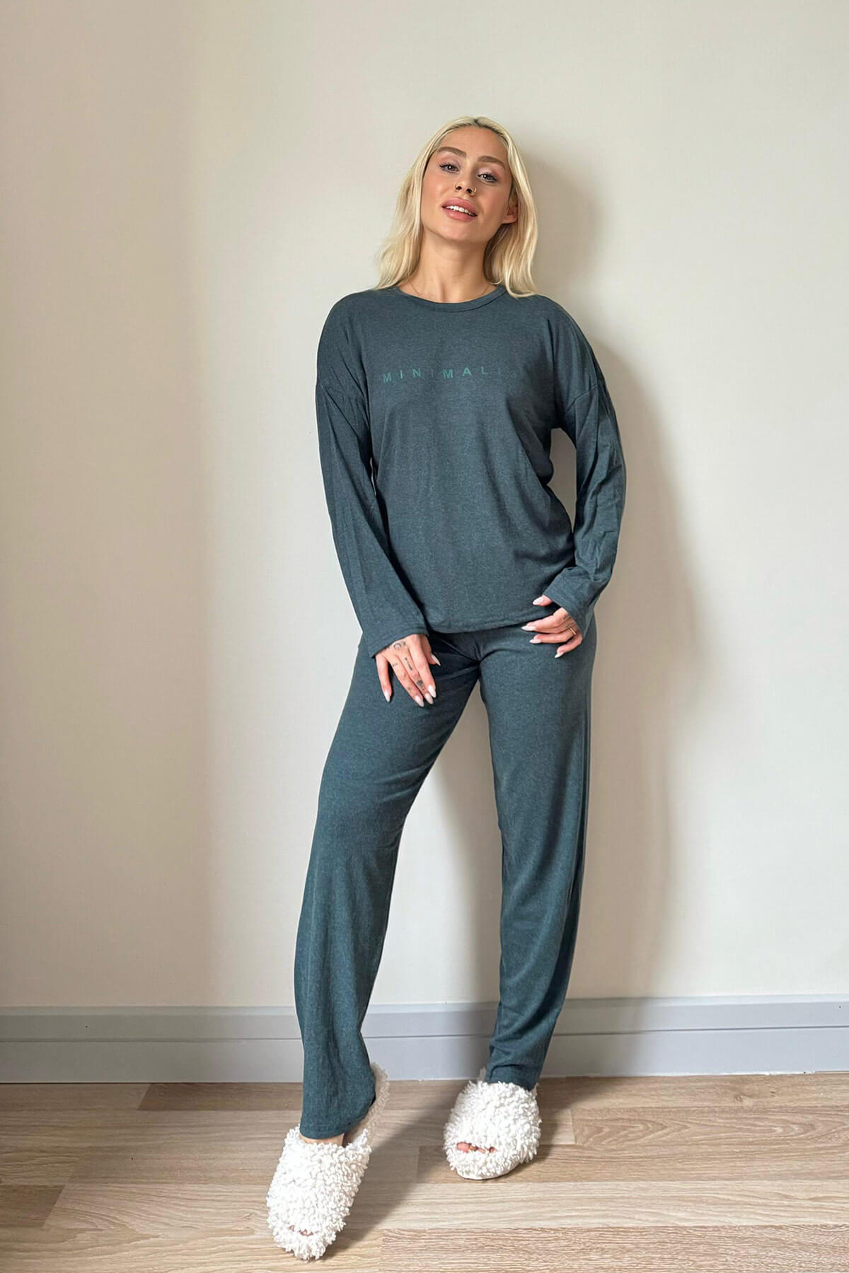 Yeşil Minimalist Baskılı Bambu Uzun Kol Kadın Pijama Takımı - 5