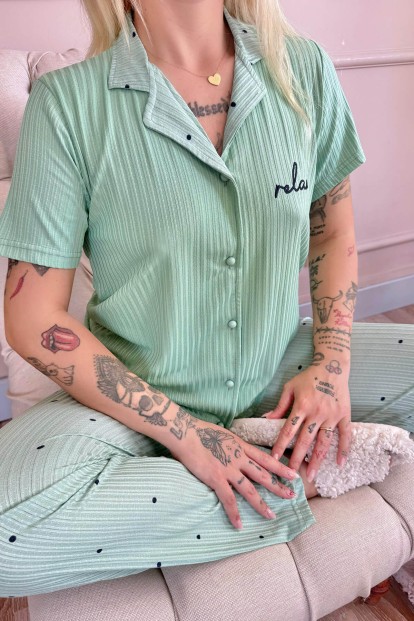 Yeşil Puan Desenli Zincir Önden Düğmeli Kısa Kol Kadın Pijama - 5