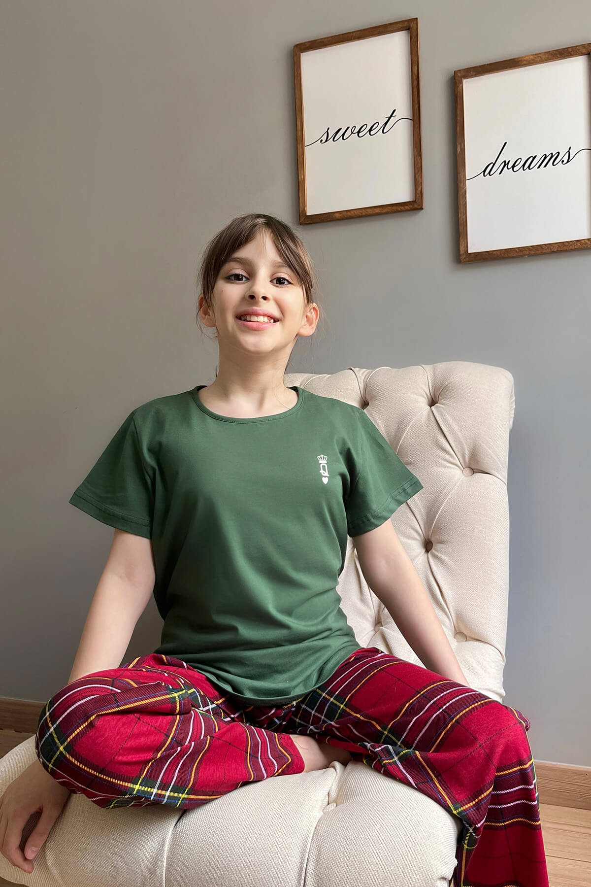 Yeşil Queen Kısa Kol Anne Kız Aile Pijaması - Çocuk Takımı - 2