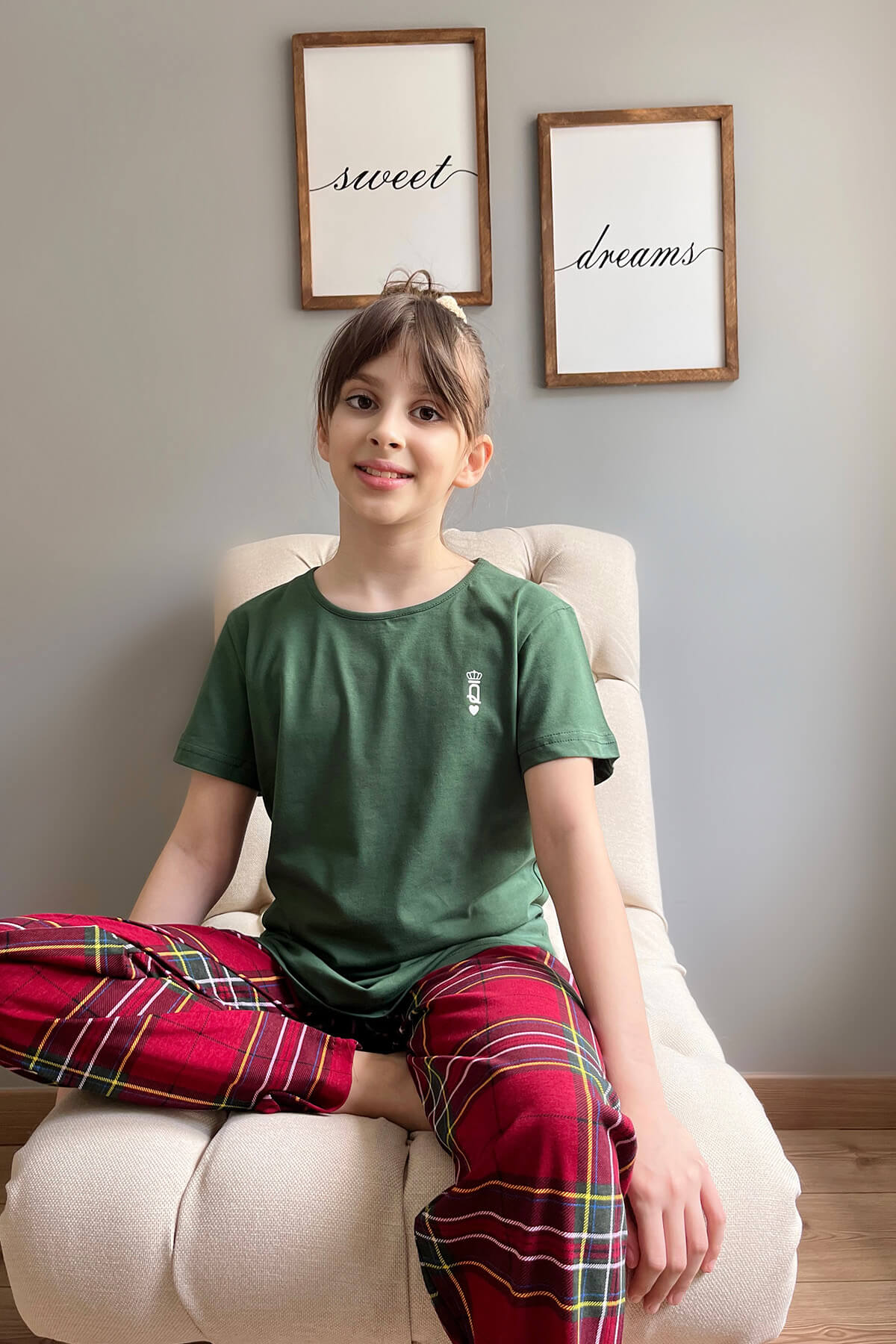 Yeşil Queen Kısa Kol Anne Kız Aile Pijaması - Çocuk Takımı - 3