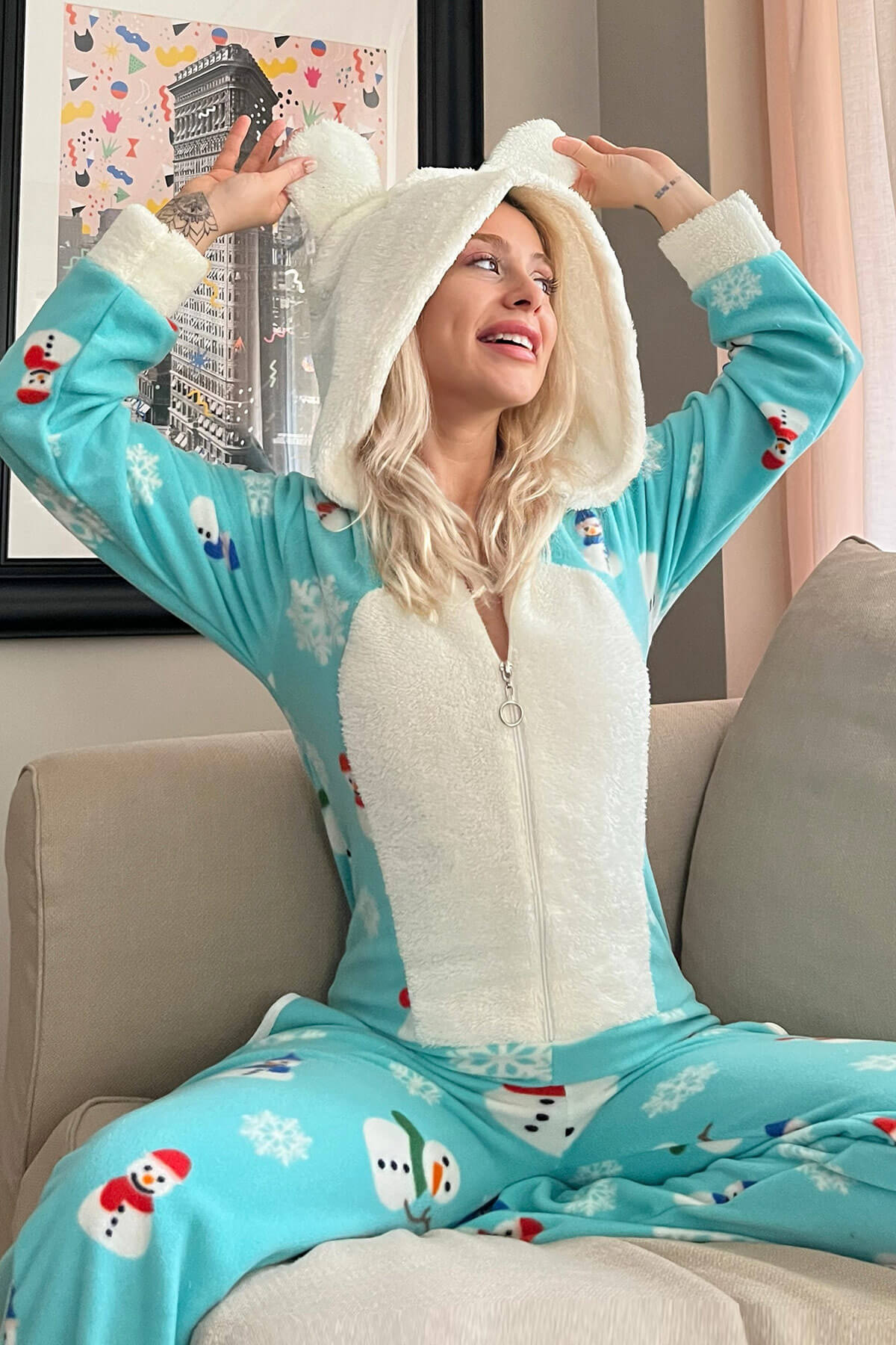 Yeşil Snowman Desenli Kadın Polar Peluş Tulum Pijama - 1